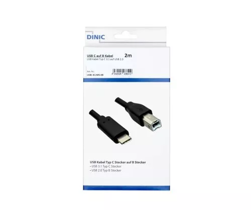 USB-kabel type C naar USB 2.0 B-stekker, zwart, 2,00 m, DINIC-doos (kartonnen doos)